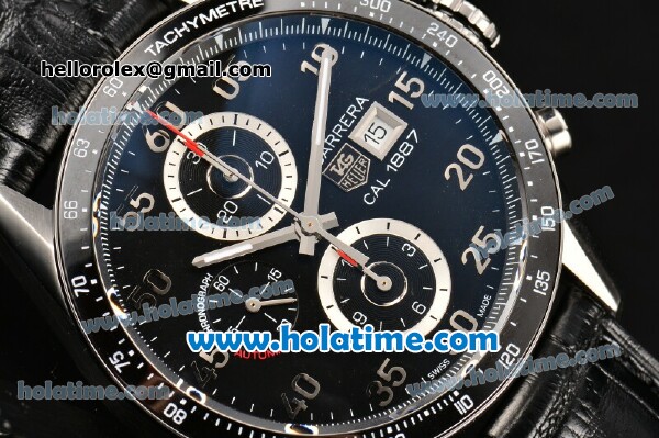 Tag Heuer Carrera Calibre 1887 Date Chrono Swiss Valjoux 7750 Automatic Steel Case with Black Ceramic Bezel and Black Leather Strap (ZF) - Click Image to Close